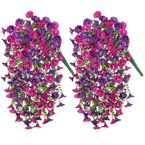 2 PCS Artificial Faux Hanging Flowers Plants for Outdoor Decor,Fake Silk Morning Glory with Eucalyptus UV Resistant Realistic Vines for Wall Home Porch Patio Balcony Yard Decor, Purple and Fuchsia - color: Purple+fuchsia