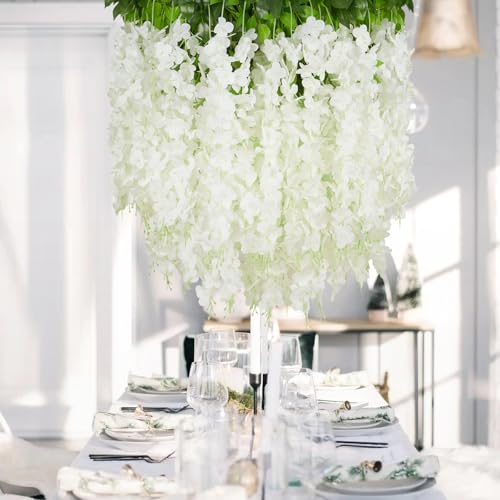 24Pcs Artificial Wisteria Hanging Flowers, 3.6Ft/Pcs White Fake Wisteria Garland for Wedding Party Home Garden Indoor Outdoor Decoration - color: White, size: 24Pcs