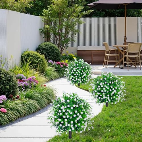 THKFUL Artificial Flower Topiary Ball Trees Outdoor Set of 2 - White Boxwood Ball Fake Plants with Ground Spike,23" Realistic Faux Shrubs UV Resistant for 4th of July Front Porch Window Box Decor - style: White
