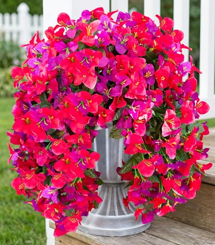 HyeFlora Bougainvillea Artificial Hanging Flowers Plants for Outdoors Decoration, 2pcs Fake Flowers Silk Bougainvillea Vines Realistic UV Resistant Faux Flowers for Outdoor Planters Porch Patio, Mix - color: Purple + Hot Pink