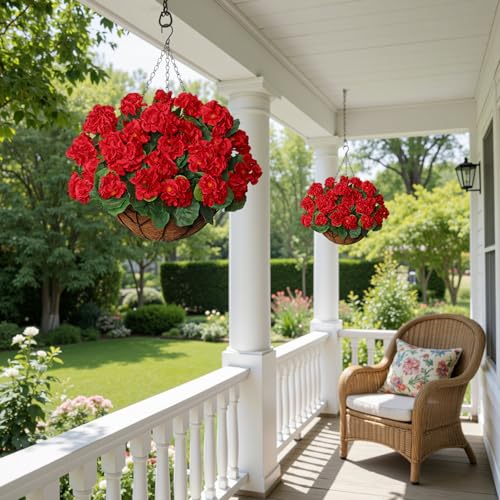 KHOYIME Artificial Hanging Flowers Plants Basket for Outdoors Indoor 2 Set Faux Silk Red Geraniums Fake Planters Realistic UV Resistant Spring Summer Home Outside Garden Porch Patio Balcony Yard Decor