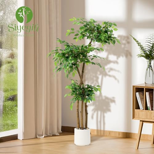 5FT Artificial Ficus Tree with White Planter and Pebbles,Faux Silk Tree with Lifelike Leaves and Realistic Trunk,Tall Fake Potted Plant for Home and Office Décor Indoor and Outdoor (5FT) - size: 5ft