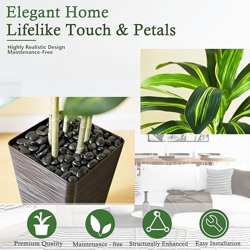 Artificial Dracaena Tree：5FT Faux Silk Tropical Yucca Floor Trees Realistic Fake Green Plant with Natural Wood Trunk & Lifelike Leaves for Home Office Decor Indoor & Outdoor (5FT,1-Pack,Black) - color: Dark Green – Black Pot, size: 5FT