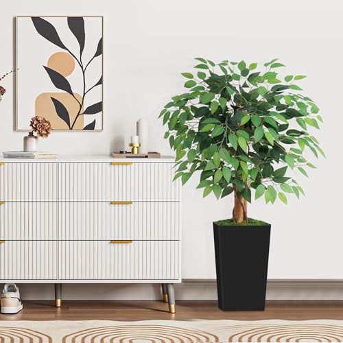 4ft Ficus Artificial Tree with 3 Natural Curved Trunks, 48" Tall Lush Faux Tree for Home Decor Indoor, Green Lifelike Fake Ficus Tree with Black Planter Pot - color: Black Planter, size: 4ft