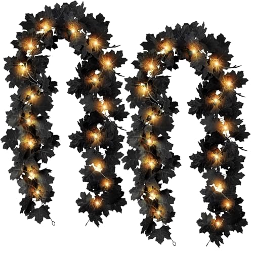 Black Leaf Garland with Yellow Lights, 2 Pack Halloween Artificial Hanging Fall Leave Vines with 20 LED, Fall Floral Garlands Thanksgiving Decor for Home Wedding Party (11.8FT) - color: 2 Black With 2 Yellow Lights