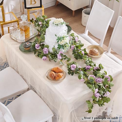 PONKING Flower Garland Artificial Rose Vine Flowers Hanging Fake Roses Vines for Wedding Birthday Party Valentines Christmas Room Wall Arch Decor, 2 Purple Floral Garland Decorations - color: 2" Flower Purple Vines 5.4ft