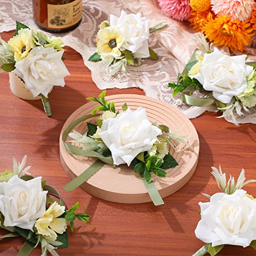 Jexine 12 Pcs Boutonniere and Corsage for Wedding Mother's Day Party Flower Wrist Corsages with Pins for Men Women Groom Bride Groomsmen Prom Ceremony Anniversary Dinner Decor(White) - color: White