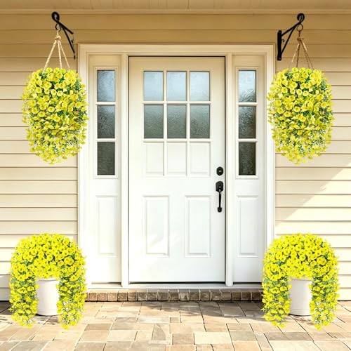 Artificial Hanging Flowers for Outdoors, 6 PCS Silk Morning Glory Artificial Flowers with Eucalyptus Leaves, UV Resistant Fake Flower Realistic Faux Plants for Home Patio Porch Garden Decor, Yellow - color: Yellow