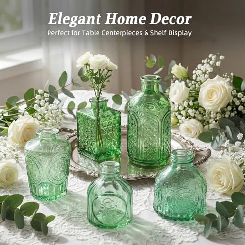 Set of 30 Green Colored Glass Bud Vases - Small Textured Flower Vases for Centerpieces, Wedding Table Decor, Retro Home Decor Bulk Vase Set for DIY, Events & Gifts - color: Green