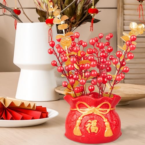 Chinese New Year Bonsai Tree Artificial Spring Festival Flower Pot Table Ornament Red Blessing Bucket Gold Berry Flower Arrangement Artificial Branches Fortune Lucky Tree for Indoor Home Decor - color: Red New Year-1
