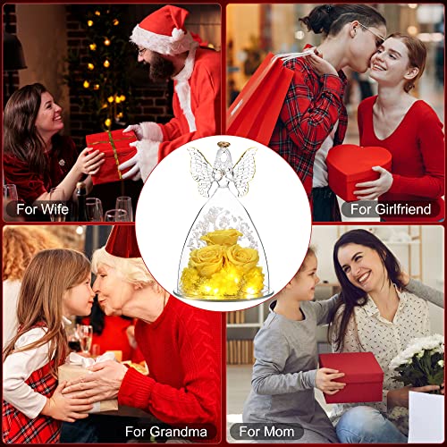 Mothers Day Rose Gifts for Women Preserved Real Flower in Glass Angel Figurines Roses for Delivery Prime Birthday Gifts for Mom Grandma Girlfriend Wife Her, Yellow - color: Yellow