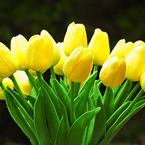 20 Pieces Artificial Real Touch Tulips Flower Arrangement in Glass Vase with Faux Water for Home Decoration (Yellow) - color: Yellow