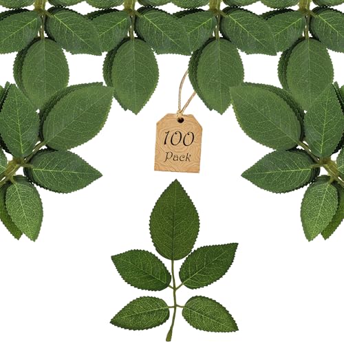 100 Pcs Artificial Flowers Green Leaf Bulk Faux Greenery Silk Fake Rose Leaves Bouquet Garland Wreath Floral Arrangement Supplie DIY Craft (1 Stem with 5 Large-Leaf Green) - color: 06. 1 Stem With 5 Large-leaf Green