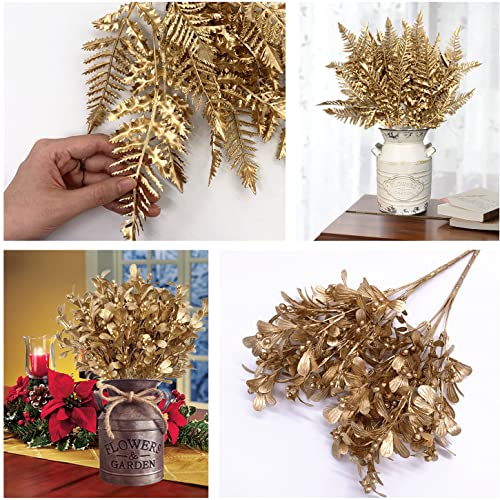 Artificial Flowers Christmas Decor, Golden Leaves Boston Branches Fern Plants Fake Berry Grass for Wedding Bridal Bouquet DIY Party Hall Indoor Home Office Table Centerpieces Decoration - Gold 4 Pack - color: Gold Boston Grass 2pcs & Berry Leaves 2pcs