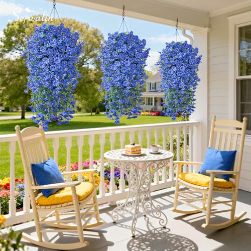 Serwalin Artificial Hanging Flowers for Outdoors UV Resistant, 4PCS Faux Morning Glory Fake Outdoor Flowers Realistic Silk Flower Faux Plants for Outside Planter Front Door Porch Patio Yard Decor - color: Blue