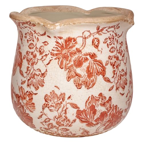 Country Farmhouse Planters for Spring Decor, 6.11 Inch Vintage Distressed Ceramic Plant Pot with Drainage for Indoor Plants, Terracotta Pots & Italian Tuscan Decor, Gardening Gifts (Red Flower) - color: Red Flower