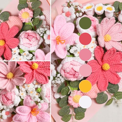 Crochet Flower Bouquet Premium Edition, Handmade Knitted Faux Crochet Flowers for Home Decor Valentine’s Day Anniversary Weddings Birthdays Mother’s Day, Includes Gift Bag and Greeting Card (Rose) - color: Premium Pink