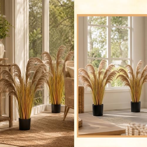 Jexine 2 Pcs Pampas Grass Potted Plants 3 ft Tall Artificial Grass Potted Artificial Greenery Floor Plants Tall in Pot for Housewarming Gift House Garden Bathroom Lobby Outdoor Decoration (Autumn) - color: Autumn, size: 3 ft