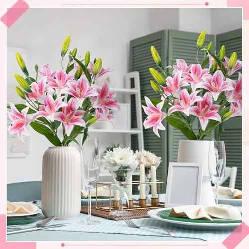 Dingion 6 Pcs 18 Heads Artificial Lily Flowers 31.5'' Mother's Day Lily Flowers Long Stem Fake Bouquet Latex Realistic 3 Big Flower Head 3 Bud for Tall Vase Home Table Wedding Decoration(Pink) - color: Pink