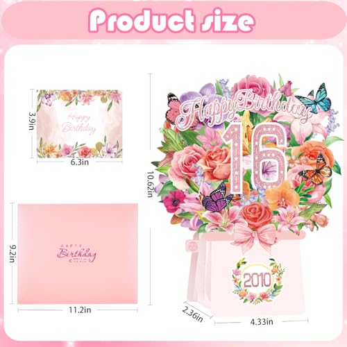 Sweet 16th Birthday Cards, Light and Music 16 Years Old Happy Birthday Card, Rose Lily Orchid and Butterflies, 10 Inch Forever Flower Bouquet 3D Pop Up 2010 Birthday Gift Card for Women Daughter Sister girl - size: 2010-16th