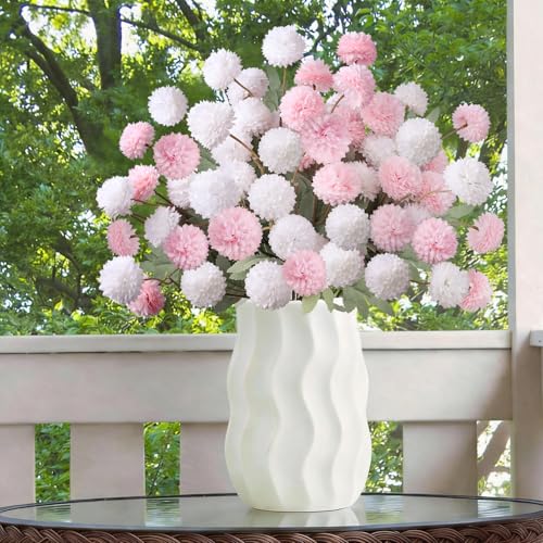 INQCMY Artificial Flowers 12 Pcs Fake Chrysanthemums Faux Kiku Flower Long Stem 20" Realistic Silk Pompon Mums for Vase Wedding Bouquets Centerpieces Home Decor (White Pink) - color: White Pink