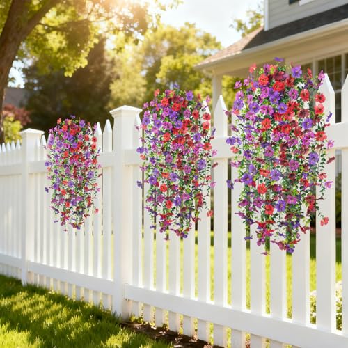 Hrobek 4 PCS Artificial Hanging Plants Flowers for Outdoor Srpring Summer Decoration, Fake Realistic Daisy Eucalyptus for Outdoors, Faux Plastic Greenery Long Vine Indoor Wall Patio Porch Decor - color: A-purple Red Brown