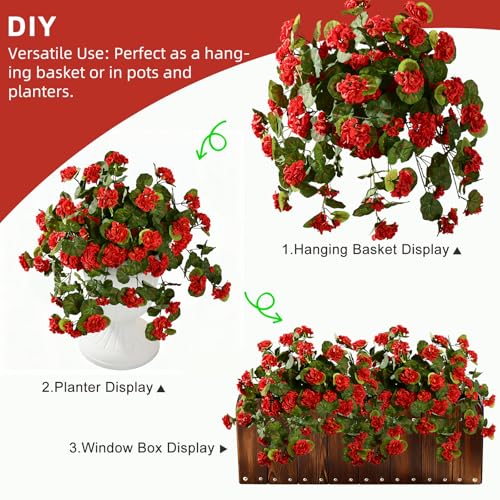 Artificial Geranium Flowers for Outdoor 2 Pcs Artificial Red Flower Fake Flowers with Stems Silk Realistic Look Real Floral Arrangement for Front Door Porch Planter Patio Balcony (2 Pcs Red) - color: 2 Pcs Red