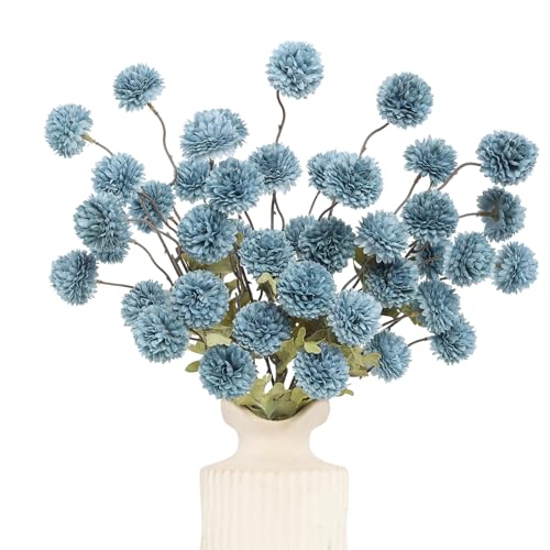 DuHouse 6pcs Artificial Flowers Faux Silk Pompon Mum,Silk Small Mini Chrysanthemum Ball with Stems for DIY Bouquets Centerpieces Vase Home Table Kitchen Decorations(Dusty Blue) - color: Dusty Blue, size: 6pcs