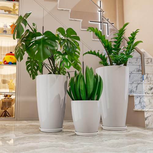 QCQHDU 24,21,11 inch Large Planters with Drainage Hole & Saucer, Set of 3 Plant Pots Tall Planter for Indoor & Outdoor Plants Home Modern Decor - color: White, size: 24,21,11 inch