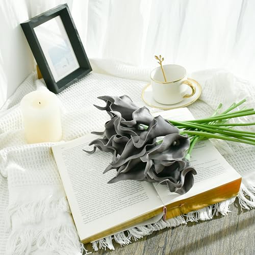 Mandy's 20pcs Dark Grey Calla Lily Artificial Flowers | 13.5 Inch PU Realistic Bouquet for Vase Elegant Home Decor Centerpiece Wedding Bridal Bouquet Table Decoration - color: Dark Grey