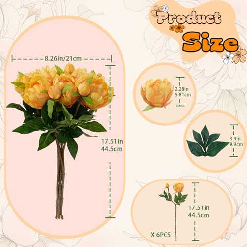 ucky 6PCS Orange Peonies Artificial Flowers, Realistic 2 Heads Silk Peonies with Stems & Buds, 17.51" Faux Peony Bouquets for Wedding Centerpieces DIY Home Table Vase Decor - color: Orange