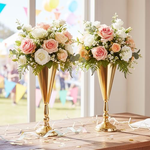 2pcs of Tabletop Gold Flower Centerpieces: 14.4in Metal Wedding Flower Gold Vases, Elegant Flower Holders for Christmas Anniversary Birthday Party Home Decoration Flower Arrangements - color: Gold, size: 2xM