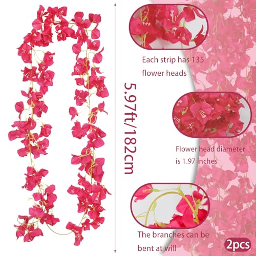 2 Pcs Artificial Bougainvillea Flowers Garland Fake Silk Bougainvilleas Vines Trailing Rose Red Faux Hanging Flowers Plants Bougainvillea Artificial for Porch Wedding Arch Spring Summer Decor - color: Rose Red