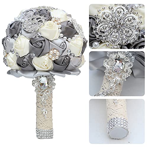 7.9 Inch Handmade Satin Rose Bridal Bouquet Toss Round Wedding Bouquet Throw Toss Artificial Flower Bunch Silver + Dark Grey + Ivory - color: W3217d04 Silver/Dark Grey/Ivory