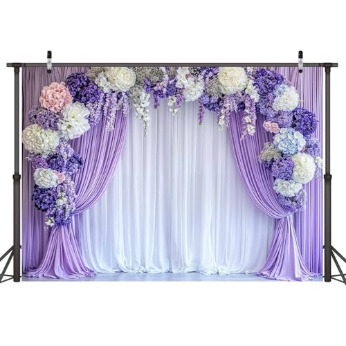 5 x 3 ft Flower Photo Backdrop Floral Purple Photography Background White Curtain Spring Wedding Baby Shower Girl Princess Birthday Party Supplies Photo Studio Props - color: Purple02, size: 5X3FT