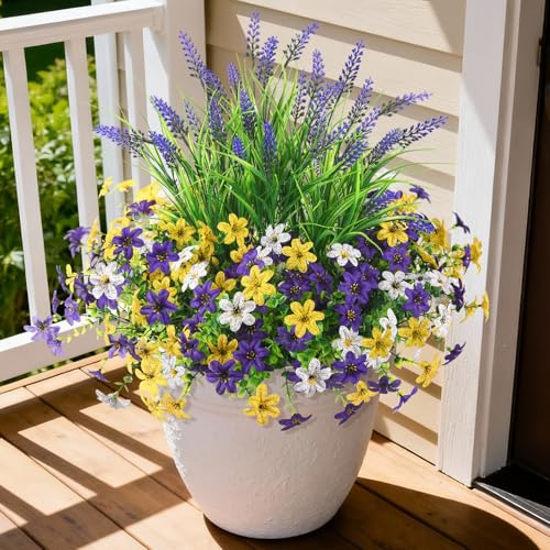 Artificial Flowers for Outdoors UV Resistant, 14 Bundles Fake Flowers Daisy with Lavender Faux Outdoor Plants Silk Flower for Outside Planters Patio Porch Window Garden Yard Spring Summer Decoration - color: Deep Purple Yellow White