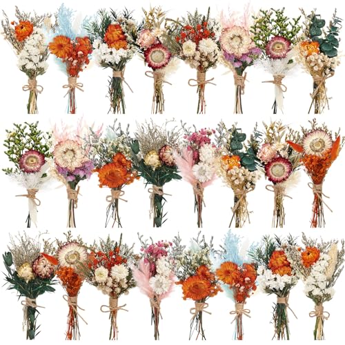 Layhit 24 Pcs Boho Dried Flower Bouquet Mini Wedding Handmade Dry Flowers Decor for Vase Crafts DIY Photo Boutonniere for Men Floral Plant for Bridesmaid Gift Birthday Decor (Gerbera Daisy) - style: Gerbera Daisy