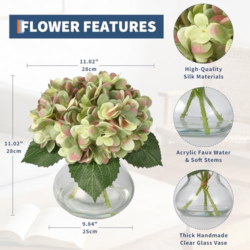 Artificial Hydrangea Flowers with Glass Vase & Fake Water - Faux Hydrangea for Home Table, Wedding Party, Office Decor | Realistic Fake Hydrangeas, Silk Flowers for Vase Arrangement (Hydrangea, green) - color: Hydrangea, Green