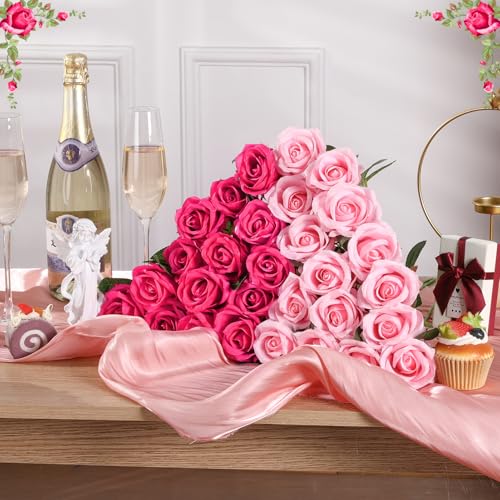 36 Pcs Pink, Hot Pink Artificial Roses with Long Stems, Fake Silk Rose Artificial Flowers Bulk for Bridal Wedding Bouquet Centerpiece Ball Arrangement Party Decor - color: Pink,hot Pink