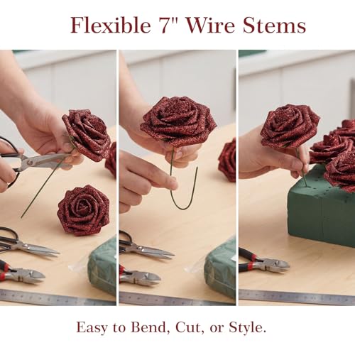 MACTING Mothers Day Flowers 30PCS Artificial Glitter Roses Real Touch Red Flowers with Stem Foam Roses for Wedding Bouquet Table Centerpieces Party Wreath Home Spring Graduation Decorations - color: Glitter Dark Red, size: 30PCS