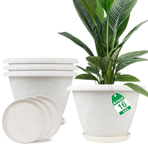Plastic Flower Pots Planters For Indoor Plants, 4 Pack 16 Inch White Plant Pots With Drainage Hole & Tray, Modern Decorative Large Plant Pot With Saucer For Indoor Outdoor Plants Garden House Planter - color: White, size: 16 inch-4 pack