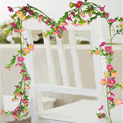 CISDUEO Artificial Daisy Flowers Vine Silk Flower Garland Spring Fake Flower Vine Hanging Ivy with Pink Daisy Flowers Green Leaves for Wall Party Wedding Arch Floral Decor Home Indoor Outdoor Ceremony - color: Pink