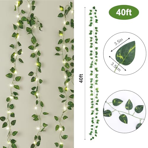 CEWOR Vines with Lights Battery Operated, 40ft 120 LED Ivy String Lights, Fake Ivy Garland with Lights for Home Wedding Decor (Pothos) - size: 40FT pothos with 120 lights