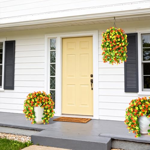 Artificial Fake Hanging Flowers for Outdoors, 2 Pcs Artificial Hanging Plants Outdoors Spring Summer Decor, UV Resistant Faux Violet Silk Flowers for Planters Front Door Yard Garden(Orange Yellow) - color: Orange Yellow