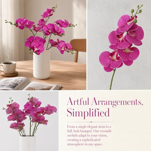 6 Pack Rose Red Orchid Artificial Flowers Real Touch, 23'' Artificial Faux Realistic Latex Orchid Stem Bouquets, Fake Phalaenopsis Flower for Wedding Home Arrangement Décor (6, Rose red) - color: Rose Red