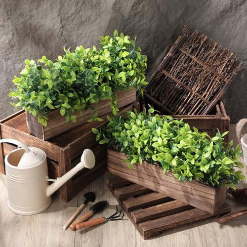 Lyrow 2 Pack 16 '' Artificial Eucalyptus Plants in Rectangular Rustic Wooden Planter Box Faux Potted Herb Plant Greenery Centerpiece for Cabinet Windowsill Table Shelf Wedding Decor (Brown) - color: Brown, size: 16 ''