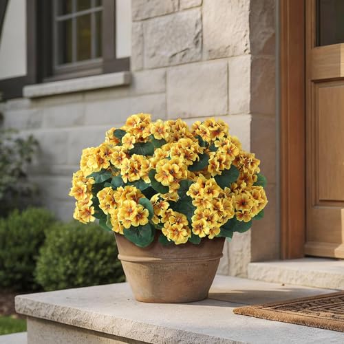 GLIDLION 12 Bundles Artificial Geranium Flowers for Spring Summer Decor, UV-Resistant Fake Plants Realistic Faux Silk Bouquets for Front Door Farmhouse Garden Porch Home Outdoor Decor (Yellow) - color: Yellow