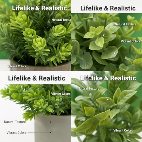 3 Pack Mini Artificial Potted Plants – Fake Eucalyptus, Boxwood & Rosemary with 6 Butterfly Stakes | Small Faux Plants for Shelf, Desk, Bathroom, Office & Farmhouse Home Decor