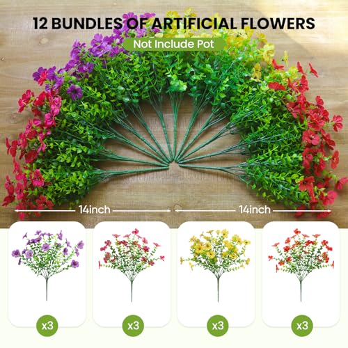 Artificial Flowers for Outdoors, Fake Faux Plants Outside Realistic Spring Summer Decor, UV Resistant Silk Flowers for Home Porch Garden (12, Purple Red Yellow Hot Pink) - color: Purple Red Yellow Hot Pink