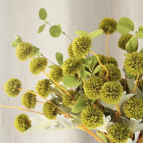 Green Flowers Artificial 10 Long Stems & 2pcs Eucalyptus Branches For Vase, Faux Silk Mum Greenery Arrangement, Realistic Fake Flowers, Green Centerpieces For Tables, Real Touch Floral Stems - color: Green
